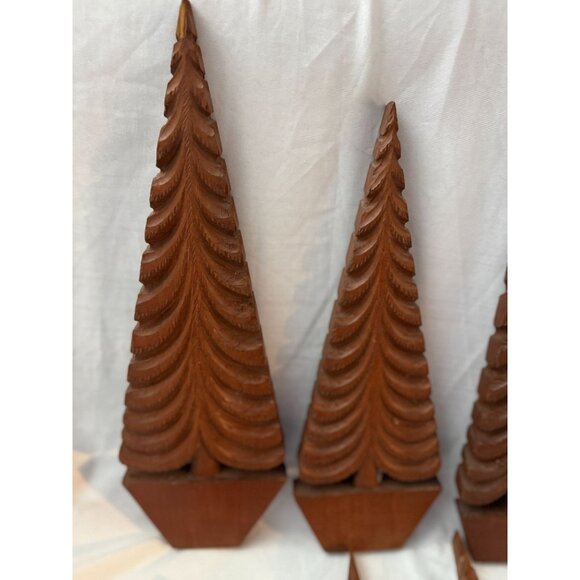 Hand-Carved Wooden Pine Tree Decor Set Of 6 Rustic 15-10 inch - Picture 2 of 13